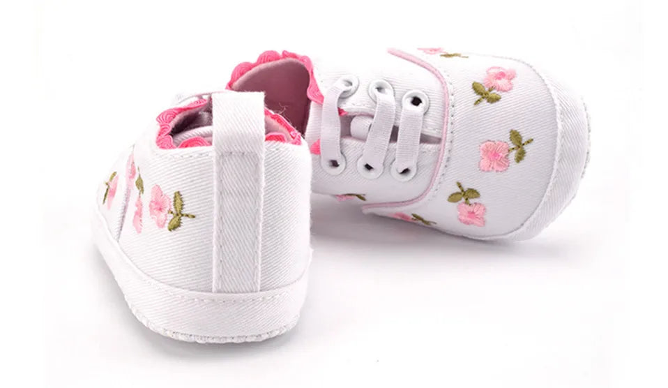 Home Sweet Home baby girl floral embroidered first walker shoes with soft soles, perfect for cribs and early walking stages.
