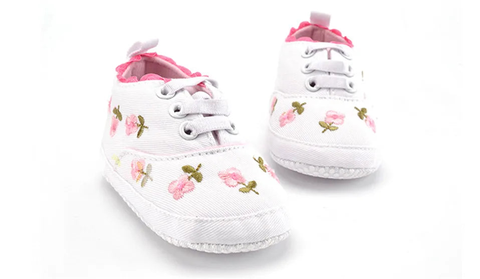 Home Sweet Home baby girl floral embroidered first walker shoes with soft soles, crib shoes for little girls, perfect for early walking.