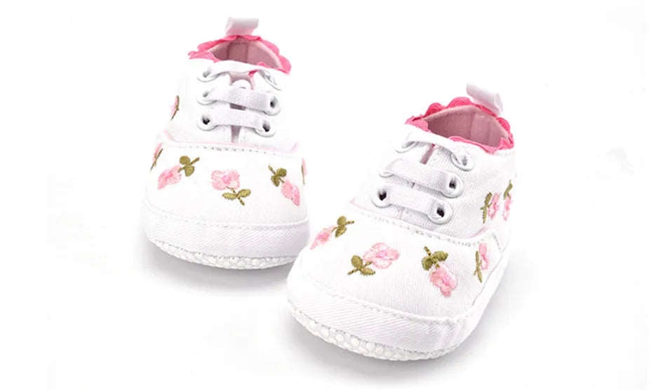 Home Sweet Home baby girl floral embroidered first walker shoes with soft soles, crib shoes perfect for early steps.