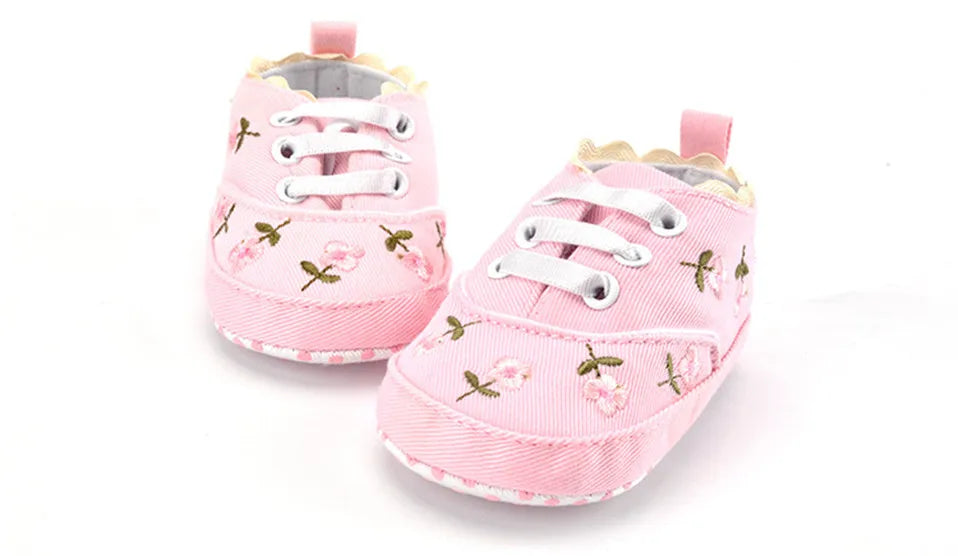 Home Sweet Home baby girl floral embroidered first walker shoes with soft soles, crib shoes perfect for delicate little feet.
