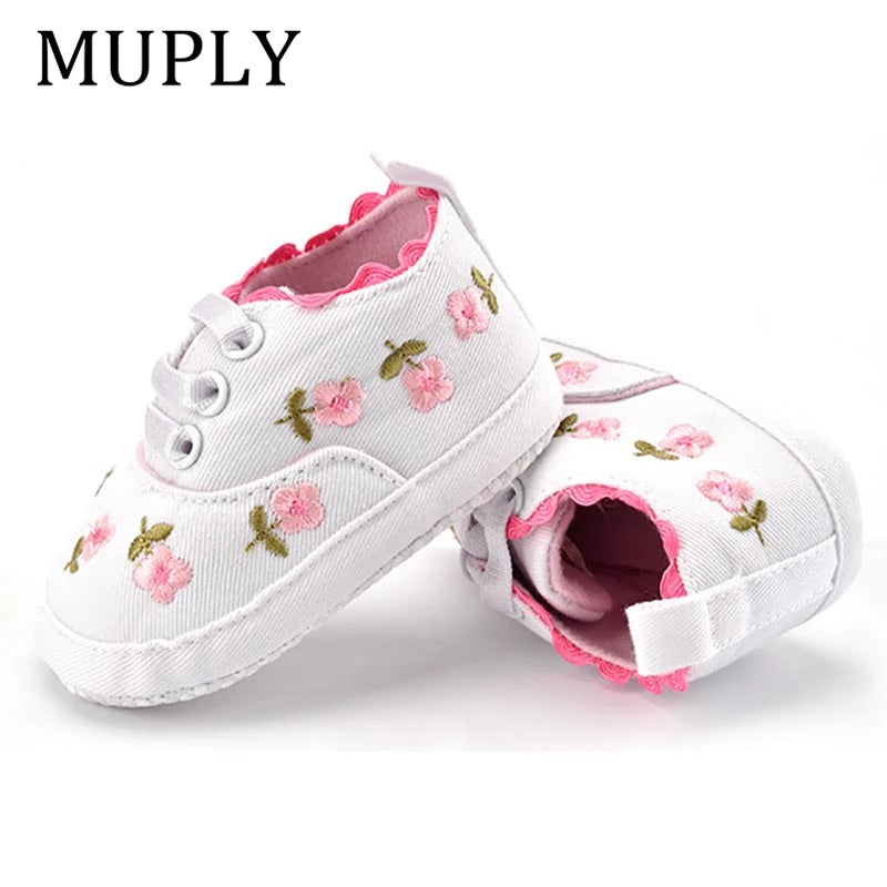 Home Sweet Home baby girl floral embroidered first walker shoes with soft soles, crib shoes designed for comfort and style.