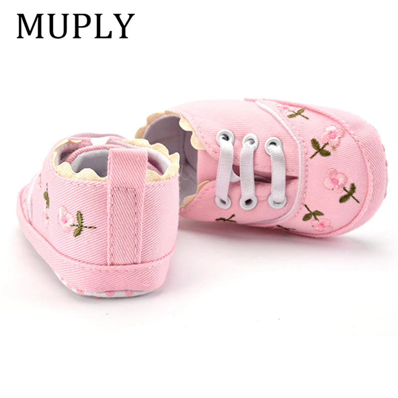 Baby girl floral embroidered first walker shoes by Home Sweet Home with soft soles and adorable embroidery for crib walking.