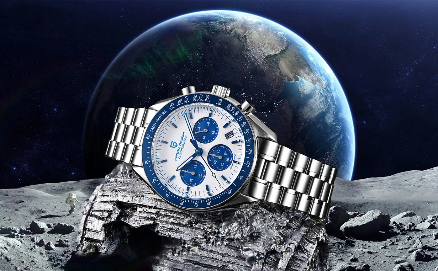 Pagani Design Moonwatch Chronograph Watch with black dial and stainless steel strap, showcasing a sleek, modern timepiece.