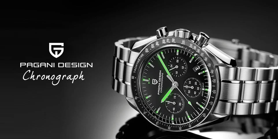 Home Sweet Home PAGANI DESIGN Moonwatch chronograph watch with black dial, stainless steel case, and multiple subdials.