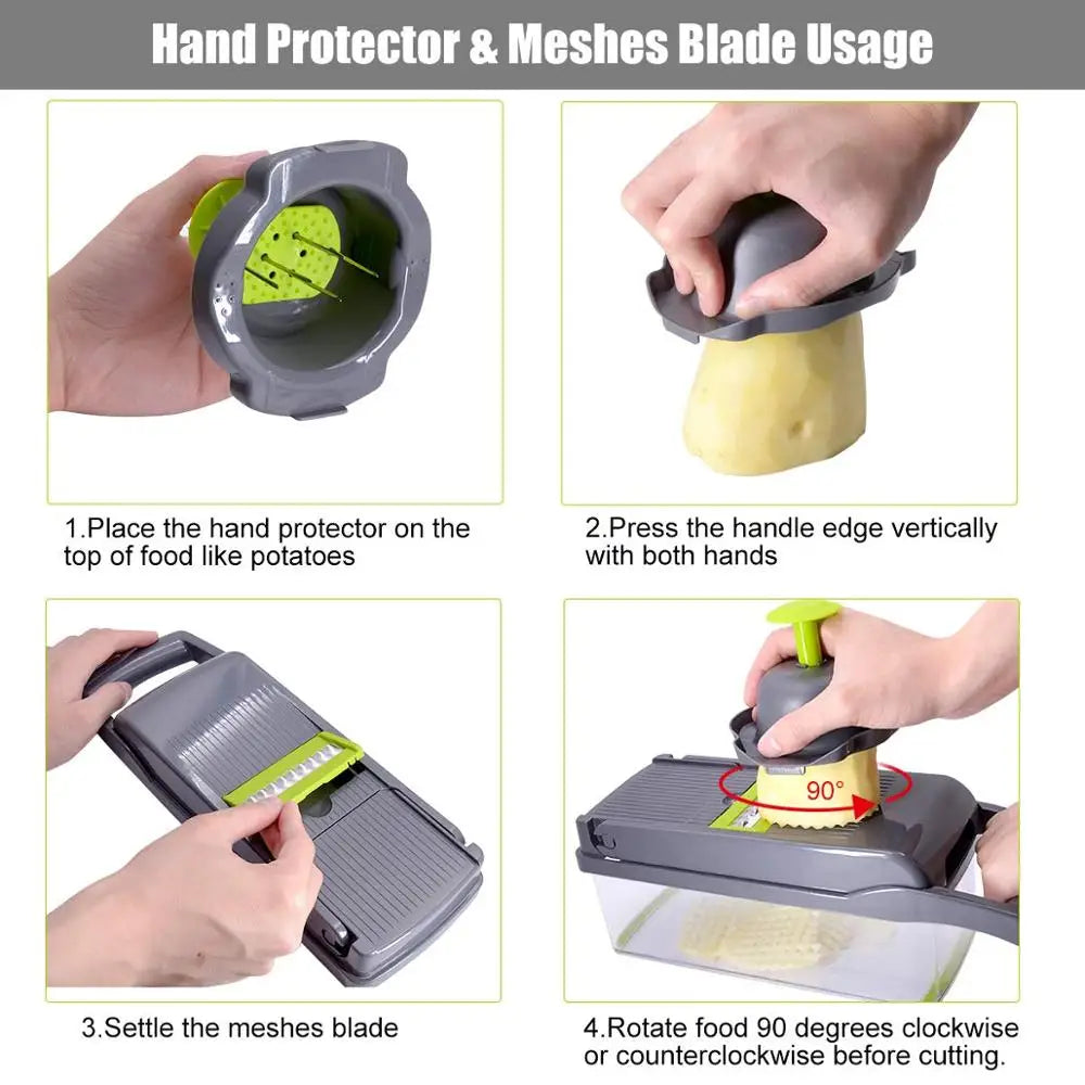 Home Sweet Home multifunctional vegetable chopper with stainless steel blades and colorful plastic components for easy food prep.