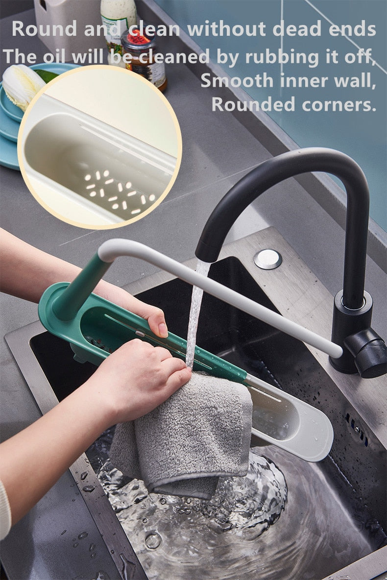 Ignisio telescopic sink rack mounted over kitchen sink, adjustable metal rack for dish drying and organization.