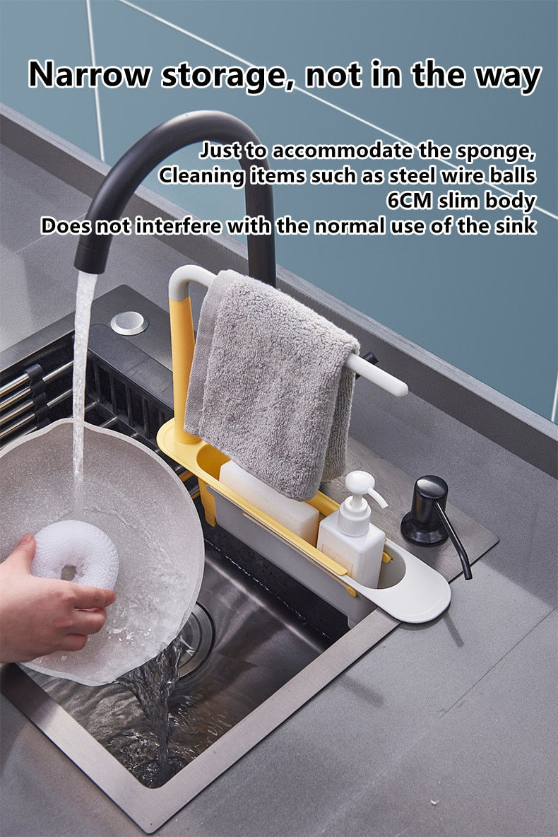 Ignisio telescopic sink rack shown extended in kitchen, with multiple tiers for drying dishes and organizing utensils.