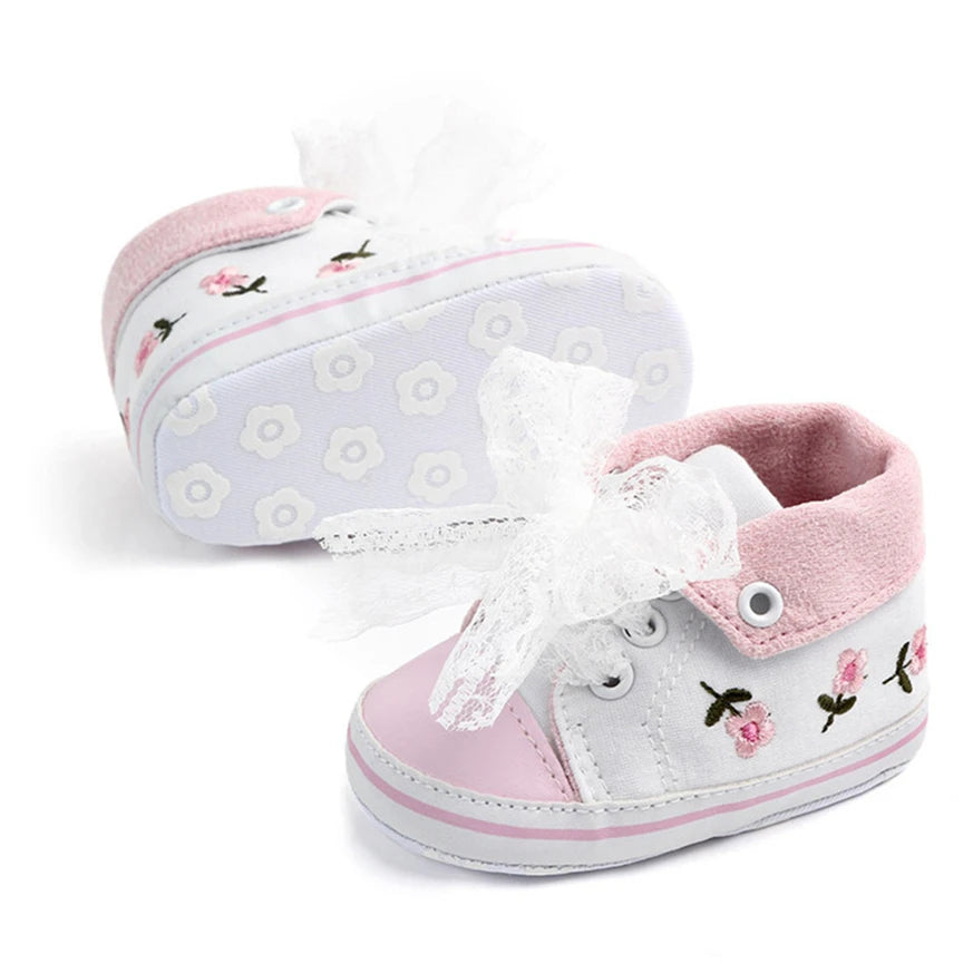 Home Sweet Home baby girl floral embroidered first walker shoes with soft soles, crib shoes for early walking and adorable style.