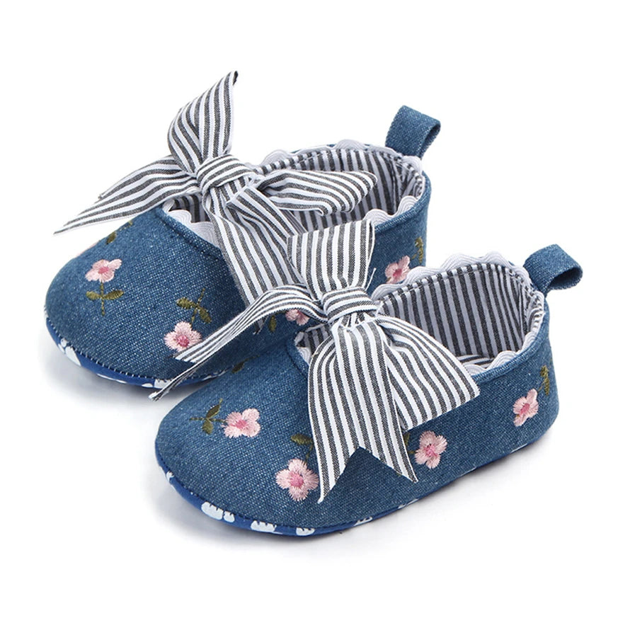 Baby girl floral embroidered soft sole crib shoes by Home Sweet Home, featuring adorable flower details and comfortable first walker design.