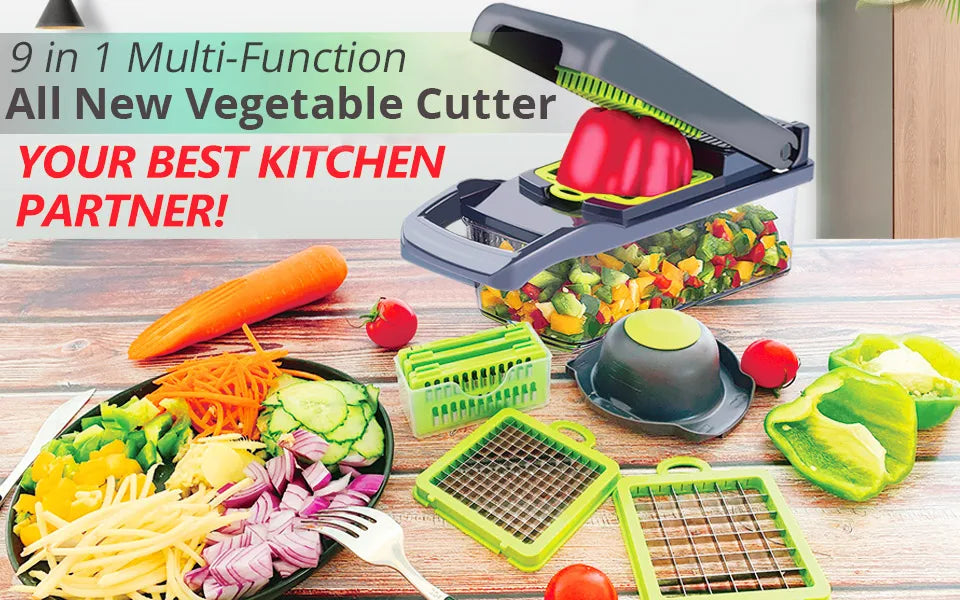Home Sweet Home multifunctional vegetable chopper with stainless steel blades and various slicing and dicing attachments.