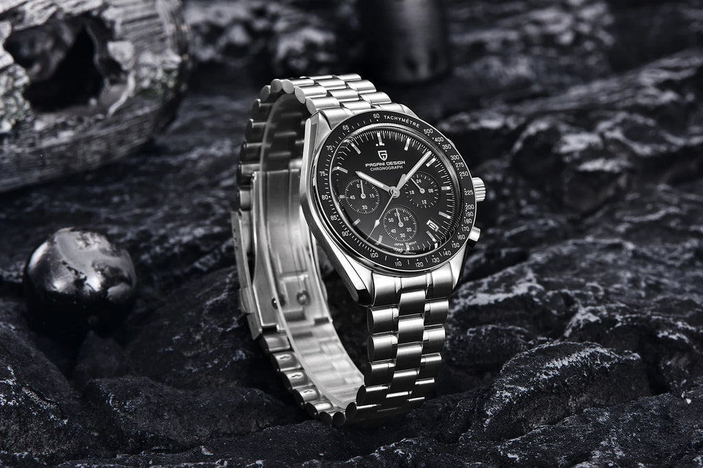Home Sweet Home PAGANI DESIGN Moonwatch Chronograph watch with black dial, stainless steel strap, and multiple subdials.