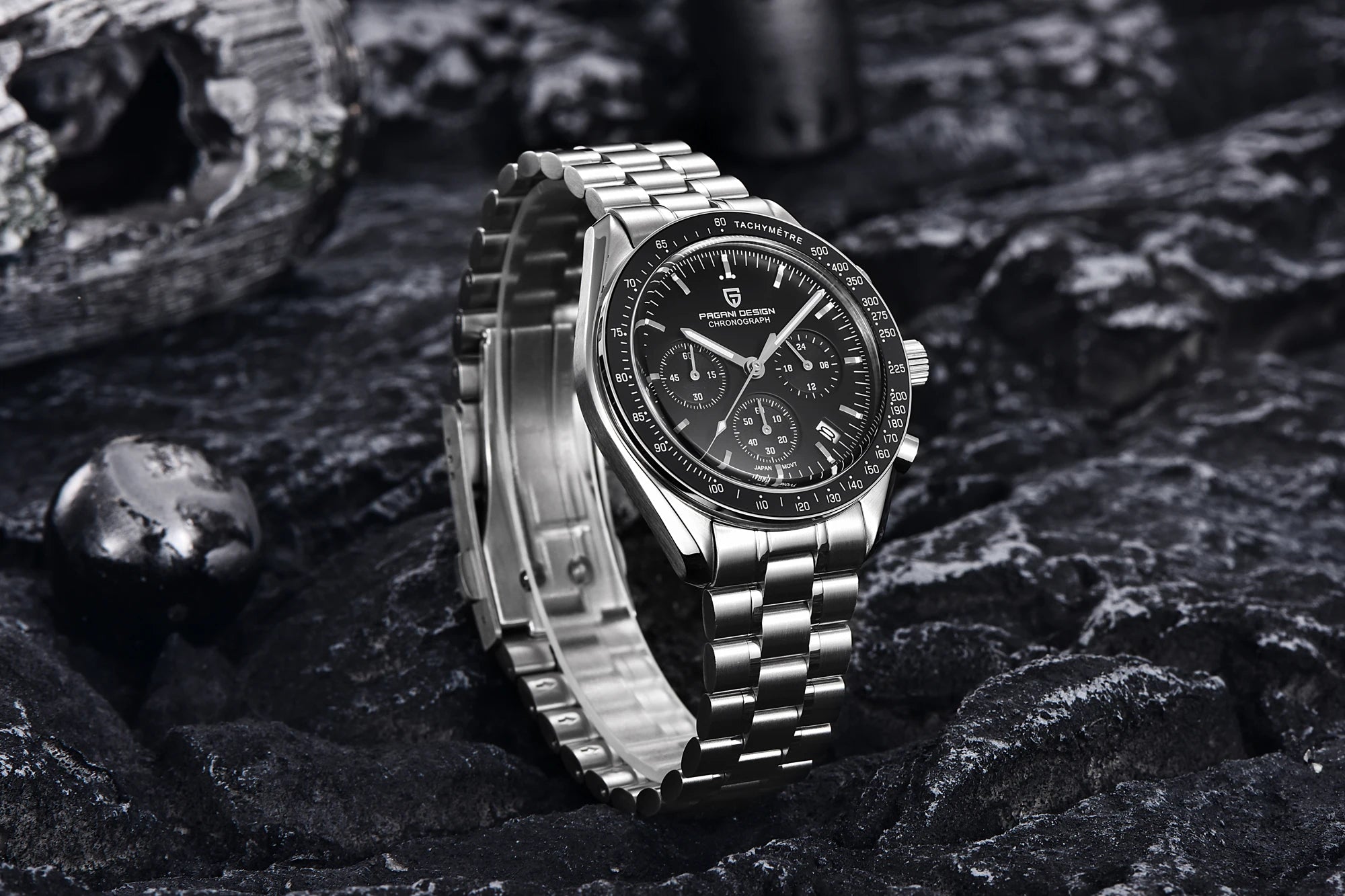 Home Sweet Home PAGANI DESIGN Moonwatch Chronograph watch with black dial, stainless steel strap, and multiple subdials.