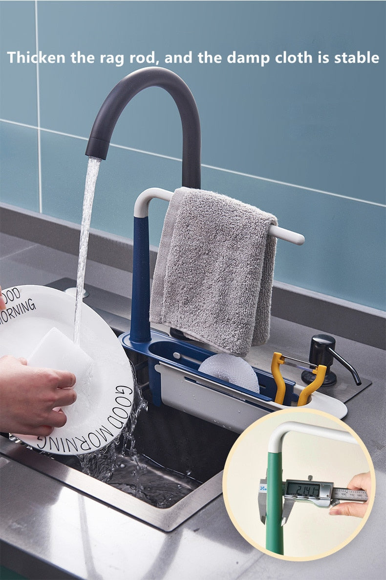 Ignisio telescopic sink rack showing adjustable metal frame with multiple tiers for kitchen organization.