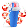 Beckett Slush Cup with colorful striped lid and straw, plastic beverage container for frozen drinks, on a white background.
