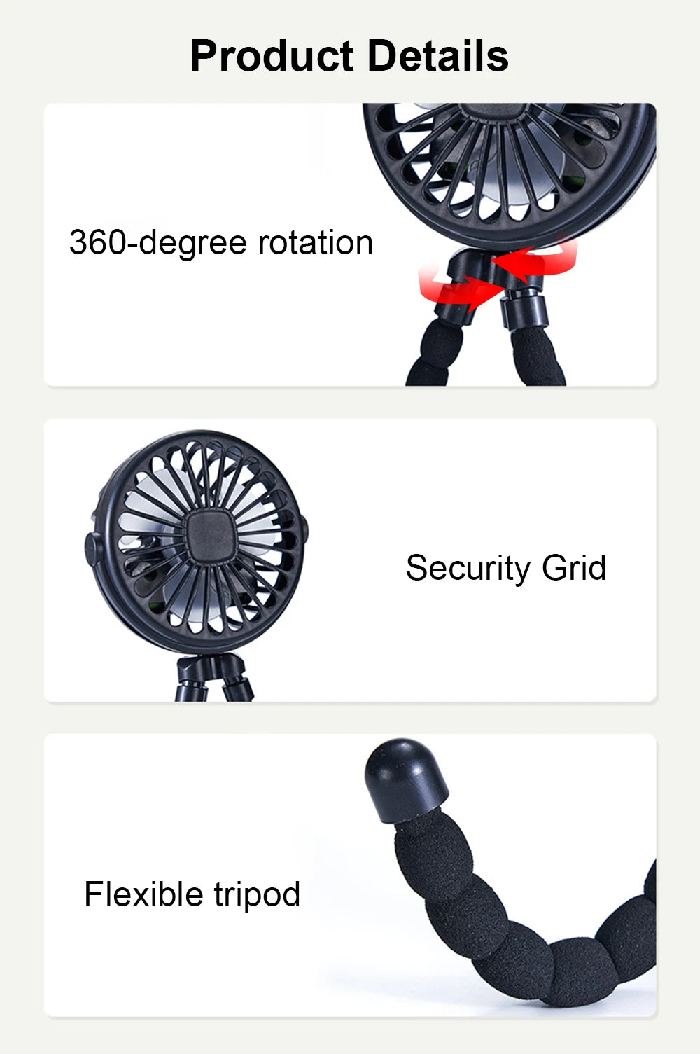 Home Sweet Home portable mini clip fan with USB recharge, 360° flexible tripod, shown in black with adjustable clip and compact design.