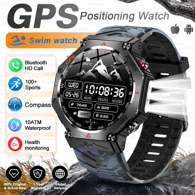 Military Grade GPS Smart Watch – IP69K/10ATM Waterproof AMOLED, 100+ Sports Modes, HD Bluetooth Calls