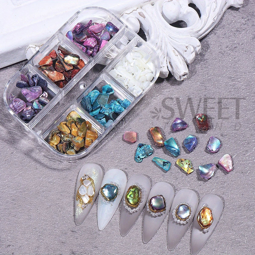 Home Sweet Home Aurora Abalone Shell Nail Art Decoration Set with 6-grid pearl gemstone kit, featuring colorful shell and pearl accents for nails.