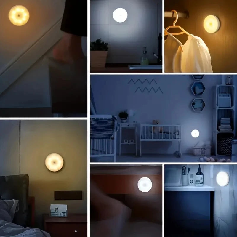 Home Sweet Home motion sensor LED night light illuminating a dark hallway for easy nighttime visibility.