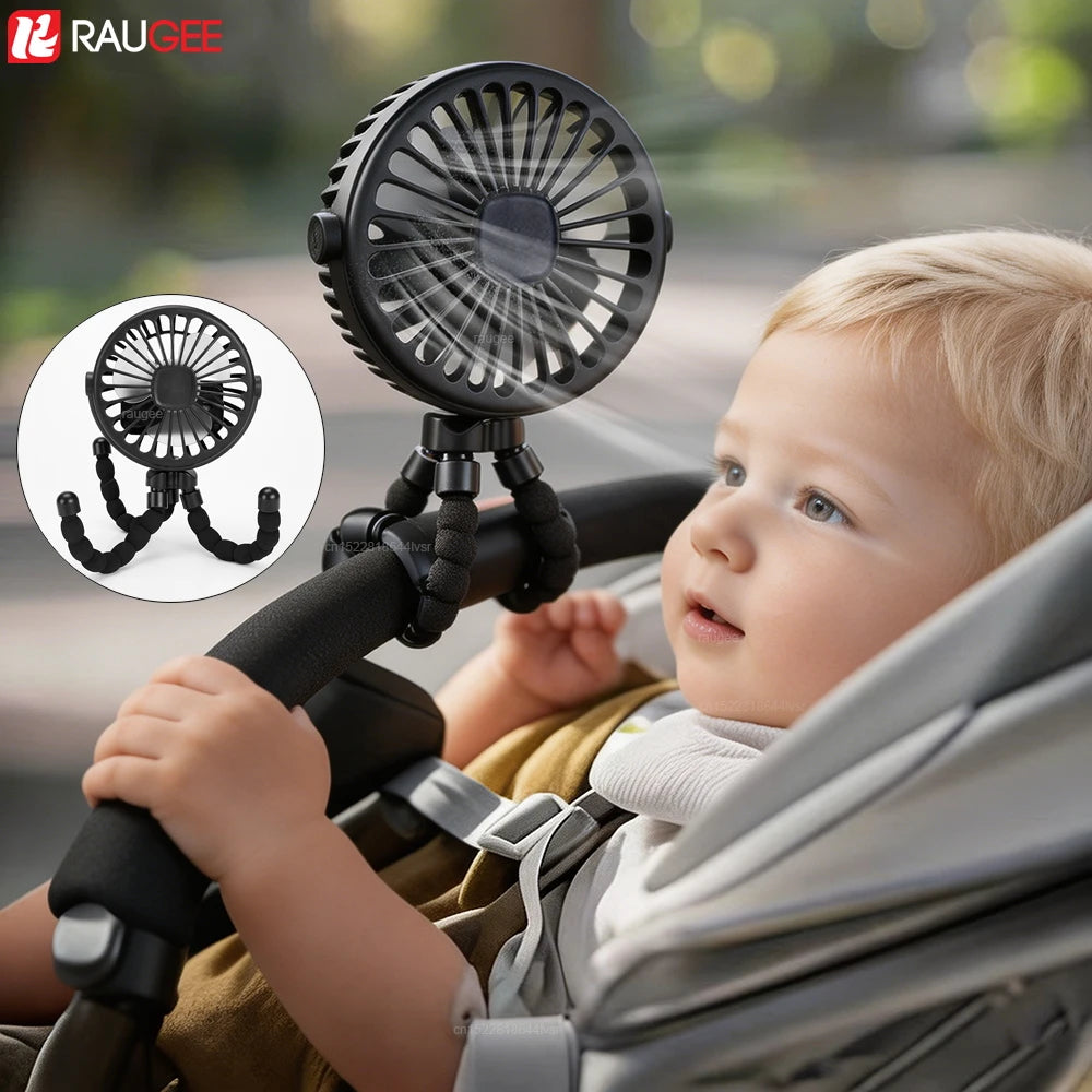 Home Sweet Home portable mini clip fan with USB recharge and 360° flexible tripod, shown clipped to a desk or surface for cooling.