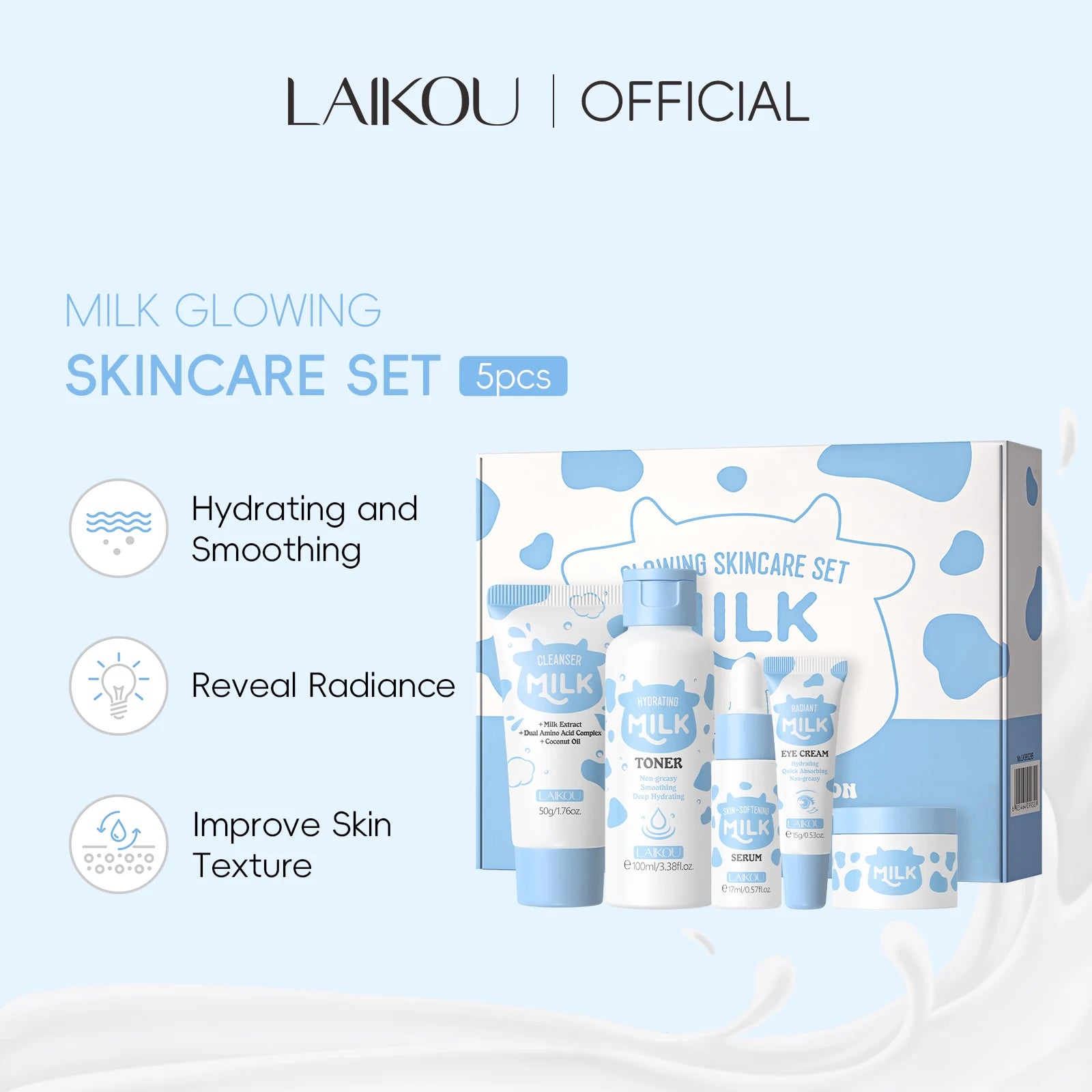 Home Sweet Home Milk Glow Skincare Set with bottles and jars featuring skincare products in a white and pastel-colored display.