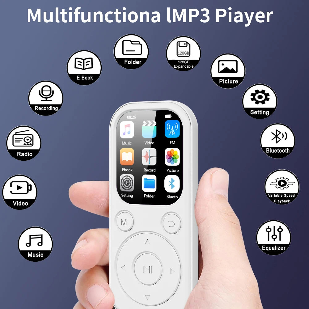 Slim Home Sweet Home MP3 player with Bluetooth 5.4, FM radio, eBook, and voice recorder, shown with sleek black design.