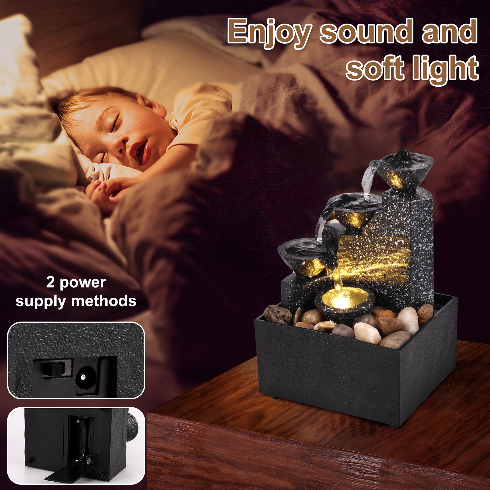 Home Sweet Home tabletop waterfall fountain with soft LED lights, featuring cascading water and a sleek desktop water feature design.