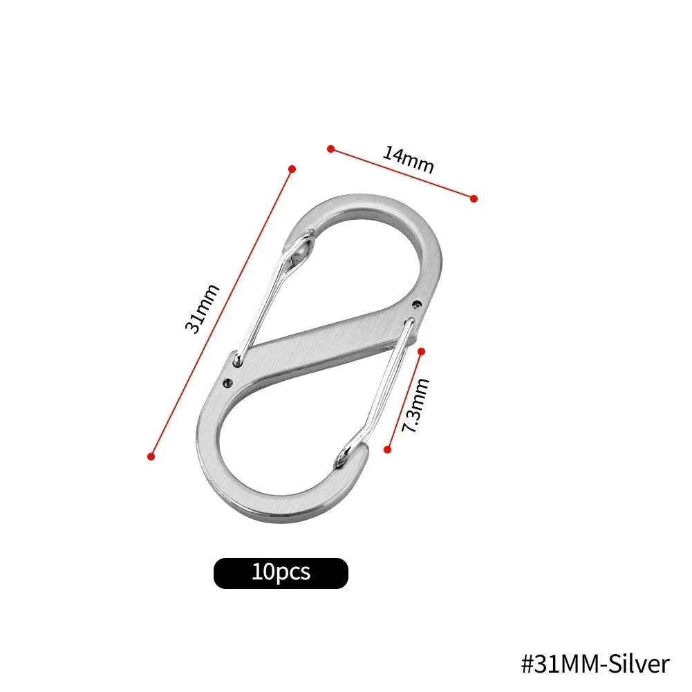 Set of ten stainless steel S-type carabiner clips from Home Sweet Home, durable keychain and gear hooks for outdoor and everyday use.