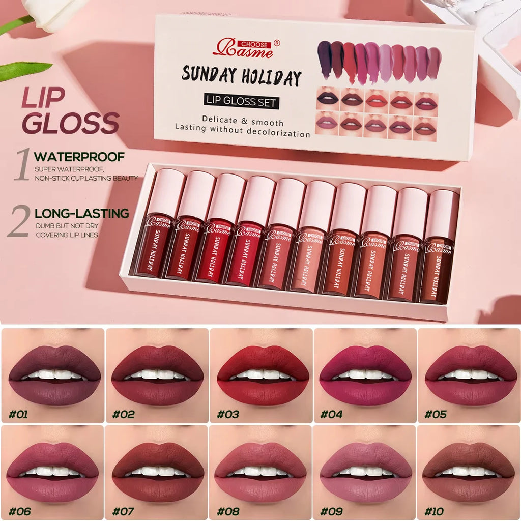10-Piece Velvet Lip Gloss Set | Waterproof Long-Lasting Matte Lipstick
