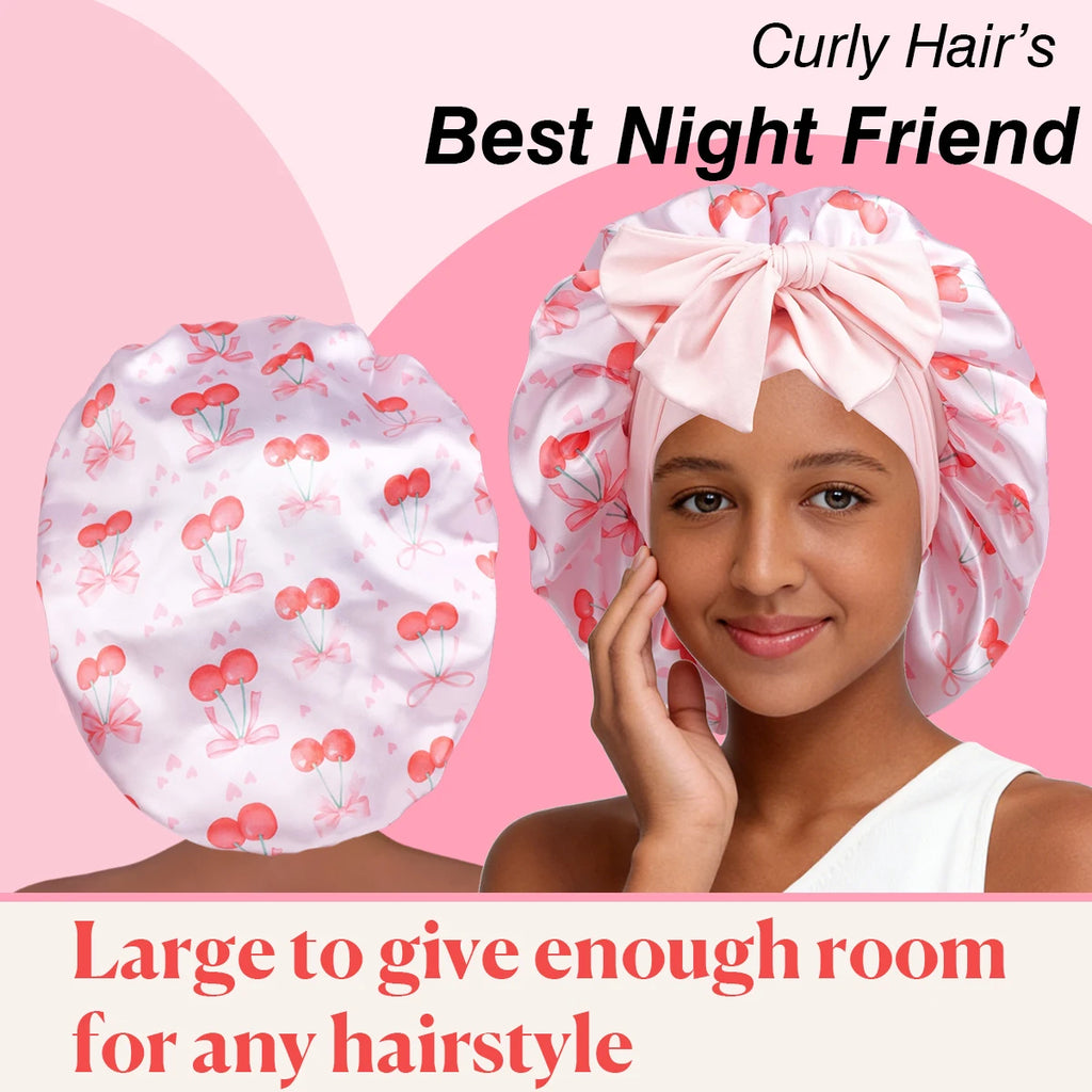 Satin Sleep Bonnet — Cherry Pattern Night Cap with Bow ONLY 2 LEFT
