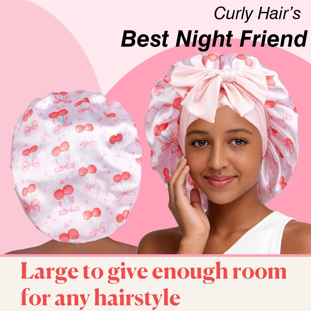 Satin Sleep Bonnet — Cherry Pattern Night Cap with Bow ONLY 2 LEFT