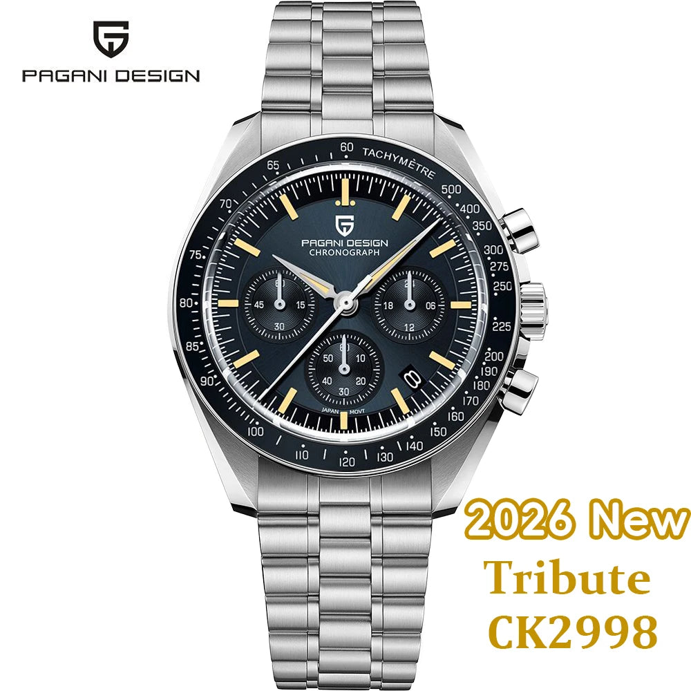 PAGANI DESIGN Moonwatch Chronograph Watch with black dial, stainless steel band, and multiple subdials, displayed on a white background.