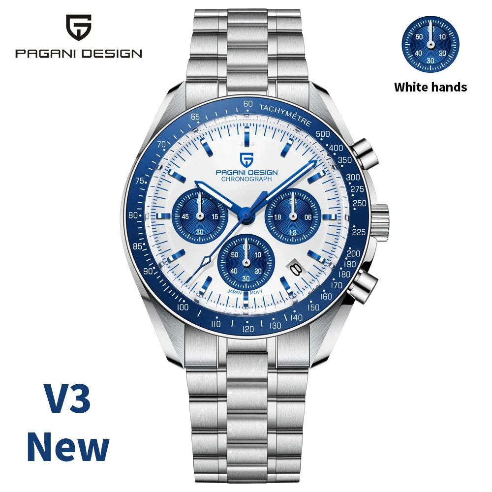 Pagani Design Moonwatch chronograph watch with black dial, stainless steel band, and multiple subdials, displayed on a white background.
