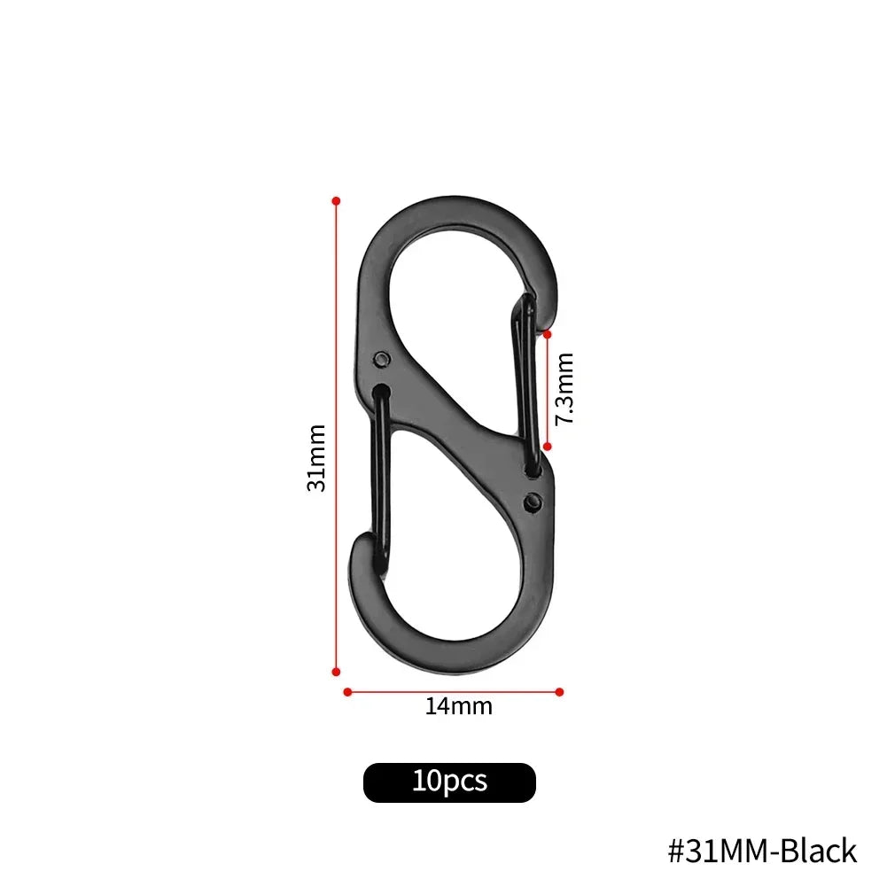 Set of 10 stainless steel S-type carabiner clips from Home Sweet Home, durable clips for keychains, gear, or hanging items.