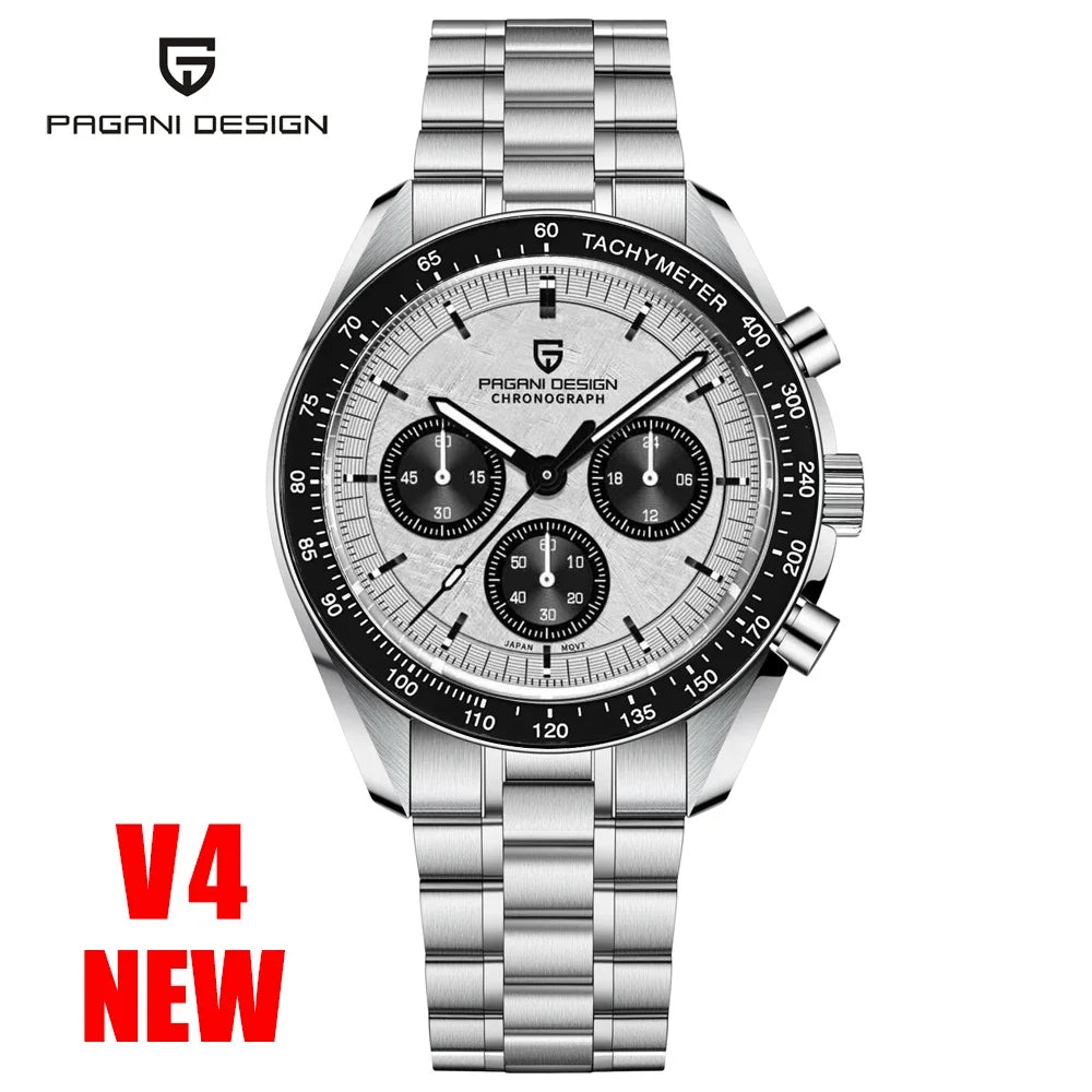 Home Sweet Home PAGANI DESIGN Moonwatch Chronograph Watch with black dial, stainless steel case, and multiple subdials.