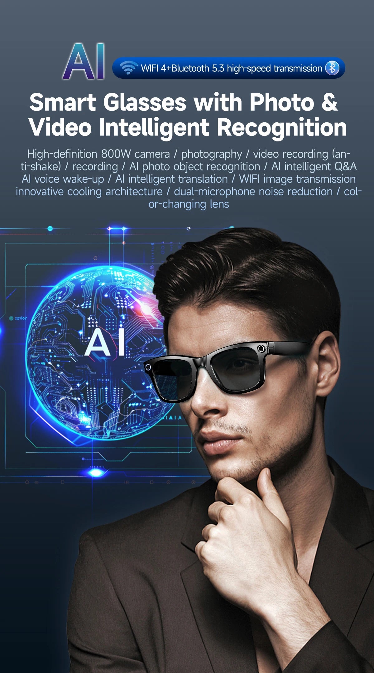 Home Sweet Home AI Smart Glasses with 8MP camera, Bluetooth, multilingual support, and ChatGPT 4.0 features.