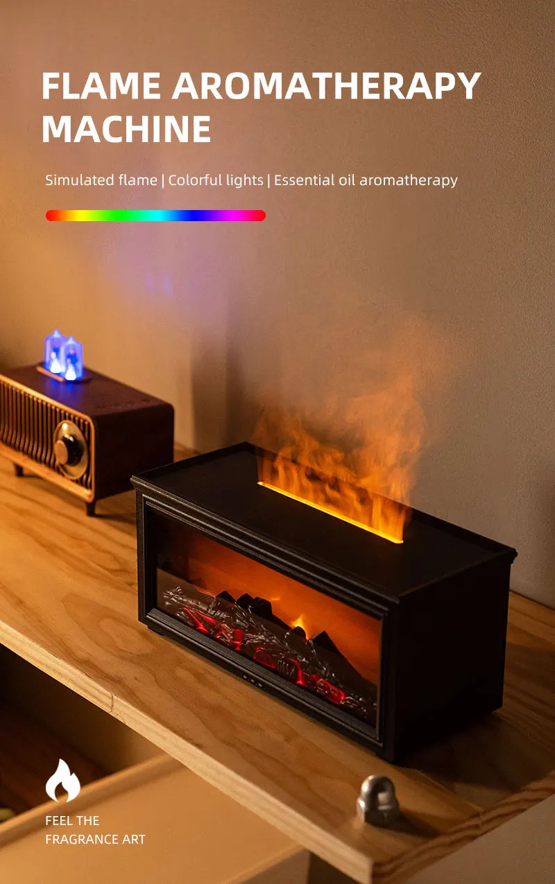 Home Sweet Home Flame Aromatherapy Diffuser and Humidifier shown with glowing LED light and mist output in a modern design.