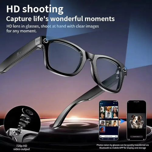 Home Sweet Home AI Smart Glasses with 8MP camera, Bluetooth, multilingual support, and ChatGPT 4.0 features, shown in the image.