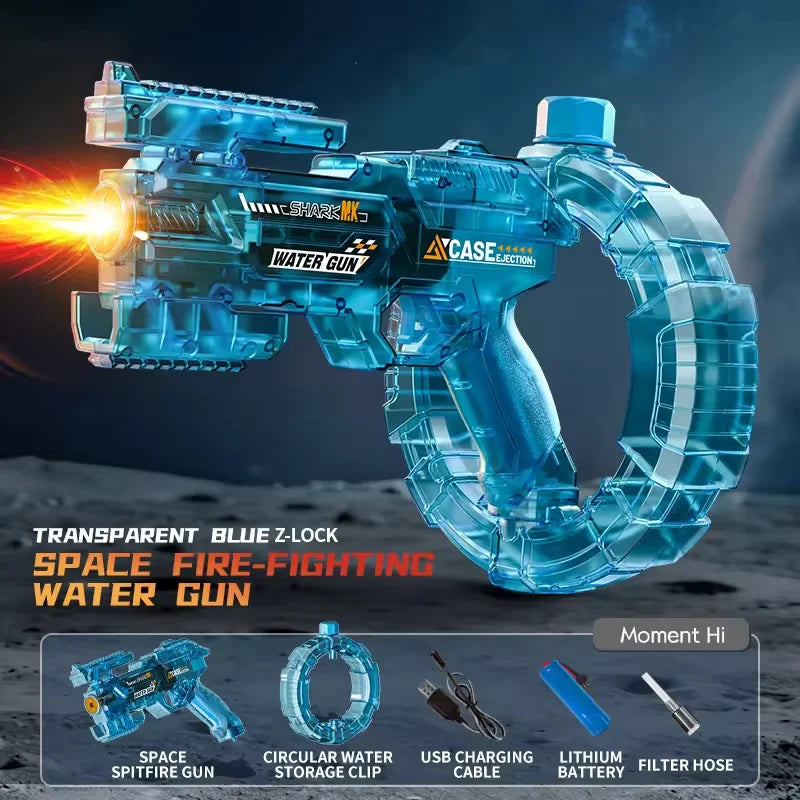 Home Sweet Home electric water gun, high-pressure automatic soaker for kids and adults, shown in vibrant colors with a sleek design.