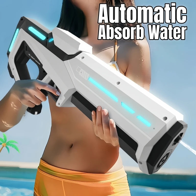 High-pressure electric water gun by Home Sweet Home, automatic soaker for kids and adults, with vibrant colors and water spray.