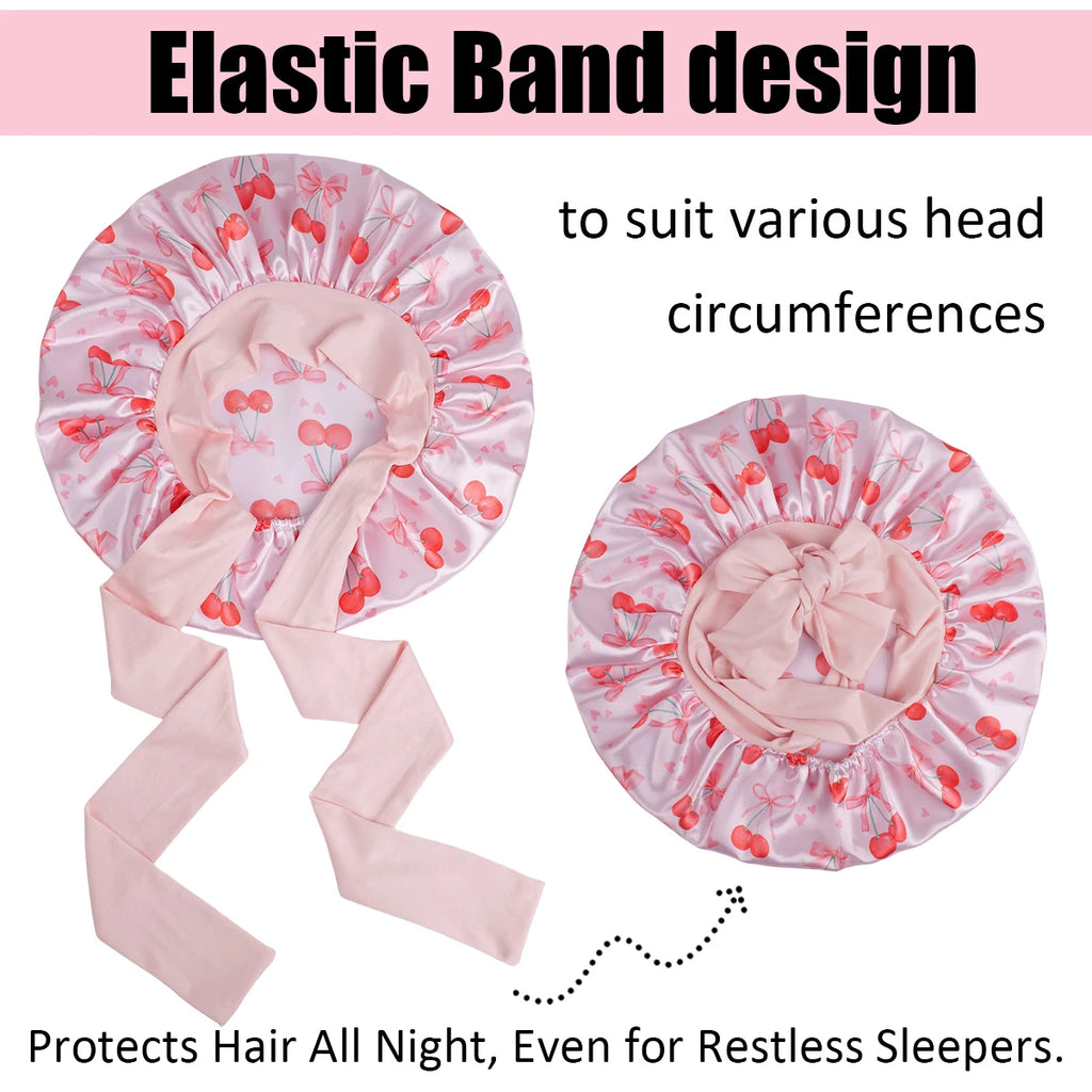 Satin Sleep Bonnet — Cherry Pattern Night Cap with Bow ONLY 2 LEFT