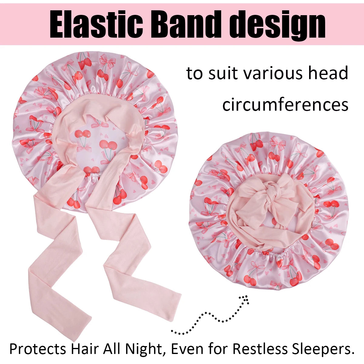 Satin Sleep Bonnet — Cherry Pattern Night Cap with Bow ONLY 2 LEFT