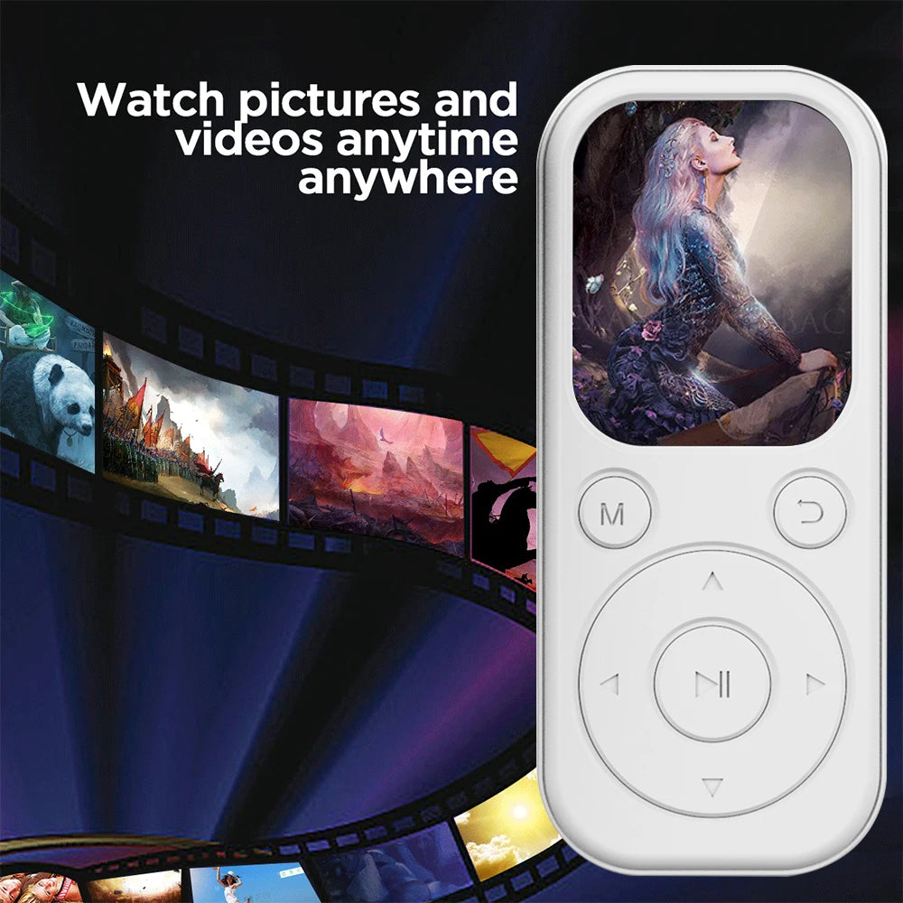Slim Home Sweet Home MP3 Player with Bluetooth 5.4, FM radio, eBook reader, and voice recorder, shown with screen and controls.