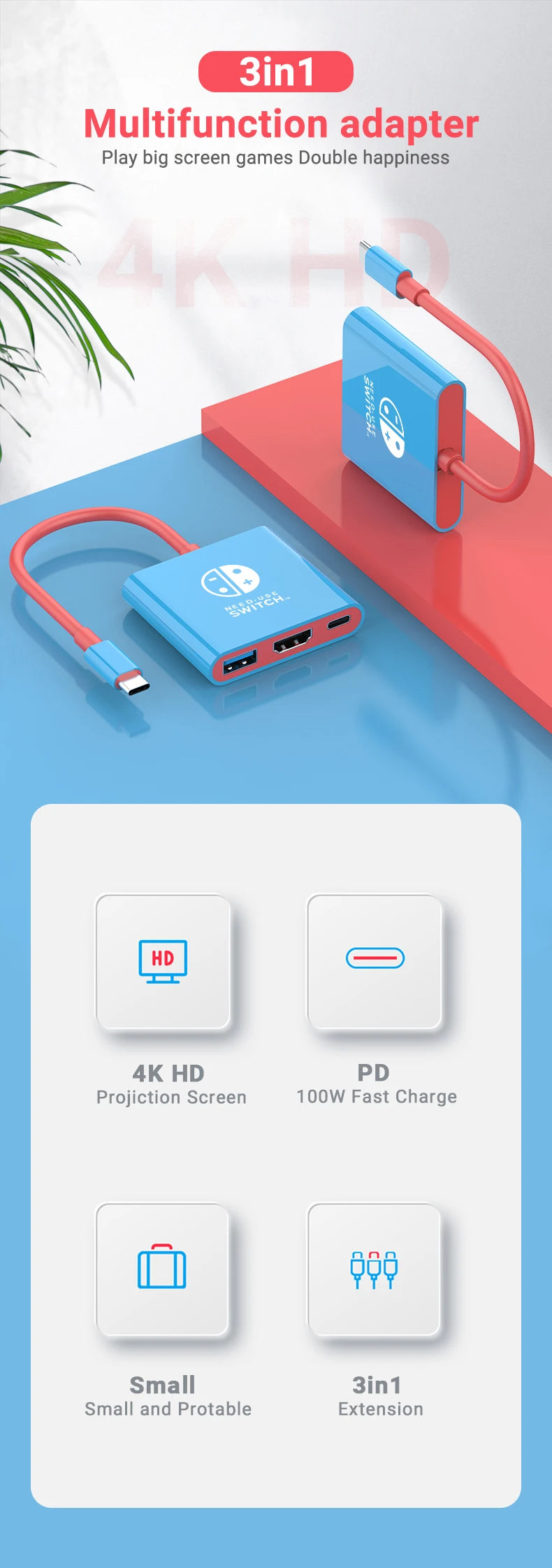 3-in-1 USB-C Hub — 4K HDMI, PD 100W Charging & USB 3.0 Docking Station