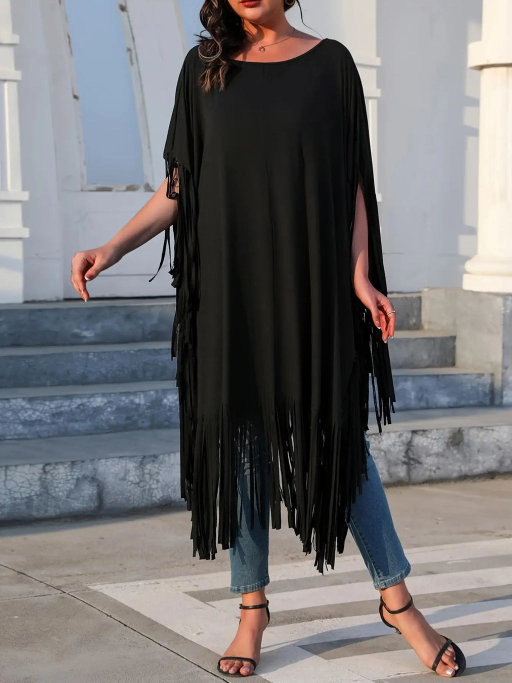 Plus Size Tassel Batwing Sleeve Longline Top