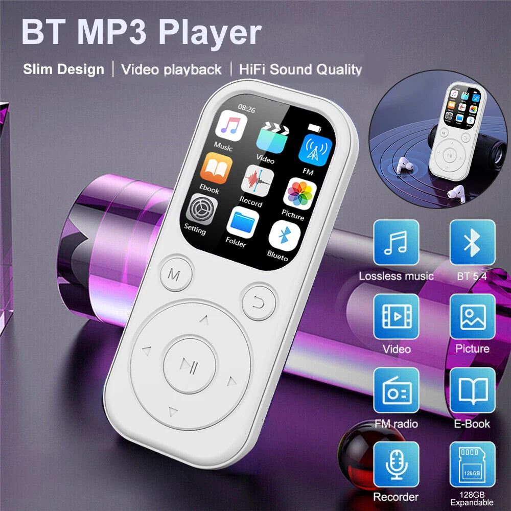 Home Sweet Home Slim MP3 Player with Bluetooth 5.4, FM radio, eBook reader, and voice recorder displayed on the device.