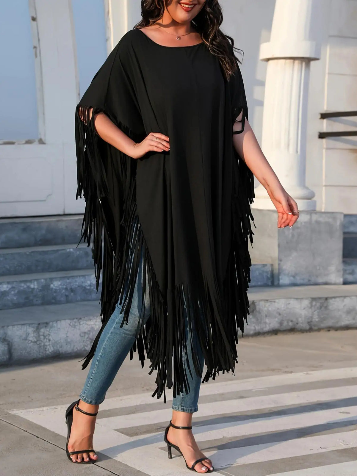 Plus Size Tassel Batwing Sleeve Longline Top