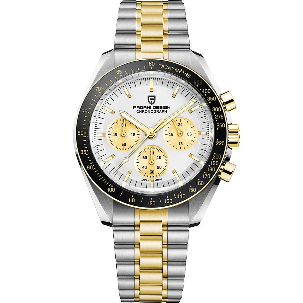 Home Sweet Home PAGANI DESIGN Moonwatch Chronograph Watch with black dial, stainless steel case, and chronograph subdials.