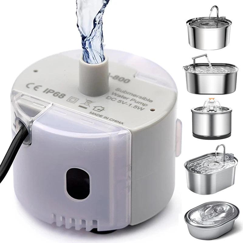 Home Sweet Home cat water fountain replacement pump with cleaning brush, USB silent motor for quiet operation and easy maintenance.
