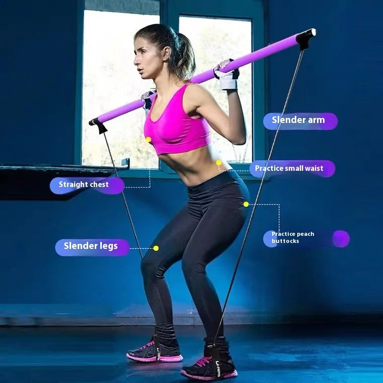 Home Sweet Home Pilates Stick Fitness Bar with elastic resistance bands for adjustable strength training and full-body exercise.