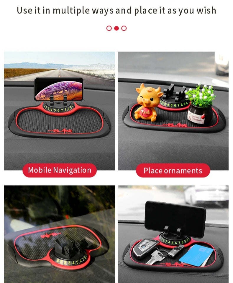 Home Sweet Home car anti-slip silicone dashboard mat holding phone and small items on a vehicle dashboard.